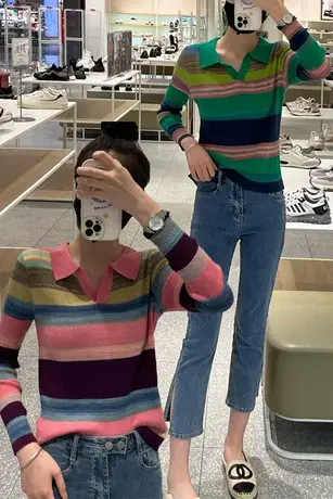秋季彩虹条polo领条纹针织衫长袖V领别致独特显瘦小众甜美上衣潮商品大图