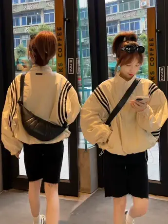 2023春季新款立领条纹撞色慵懒风防嗮外套女韩版时尚宽松外套女商品大图