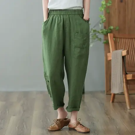 dza 高腰显瘦亚麻休闲裤女2023夏款九分直筒裤宽松百搭棉麻哈伦裤图片