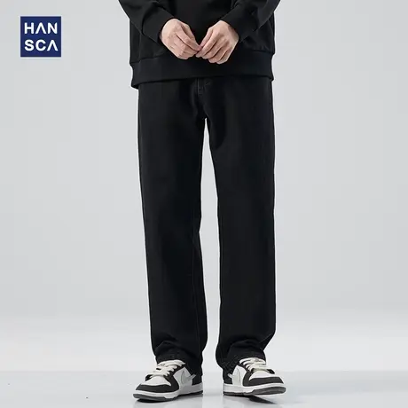 hansca黑色直筒牛仔裤男2024年秋冬加绒弹力美式街头宽松百搭长裤商品大图