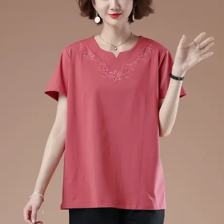短袖t恤女夏季加肥加大码女装宽松中年妈妈纯棉刺绣显瘦半袖体恤商品大图