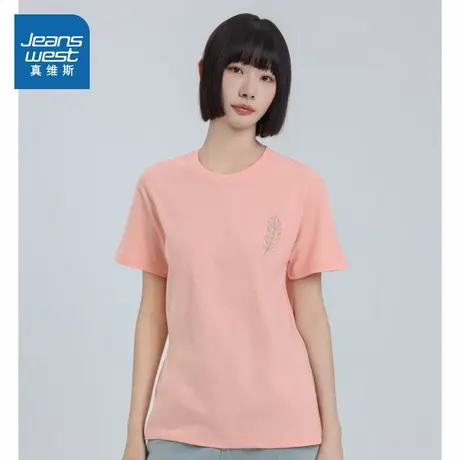 VO真维斯女装2025春夏新款 羽毛印花宽松时尚女款短袖T恤洋气上衣商品大图