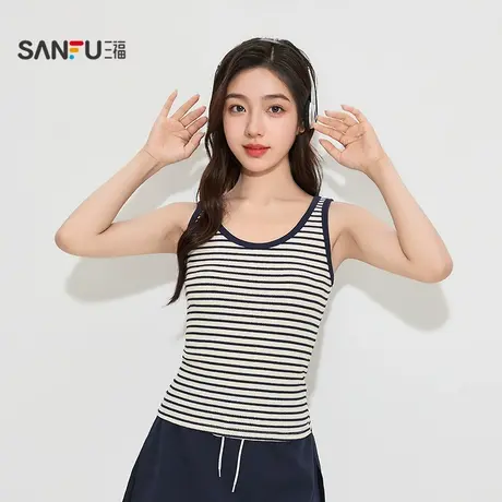 三福女秋季条纹宽肩U领背心 时尚休闲修身透气吊带上衣504859商品大图