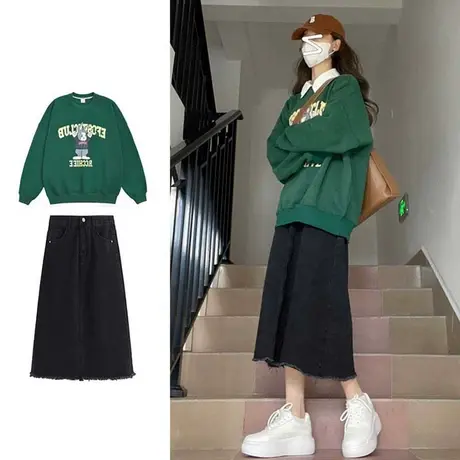 欧美风绿色大码卫衣女古着vintage加绒加厚秋冬胖mm长袖ins潮上衣商品大图