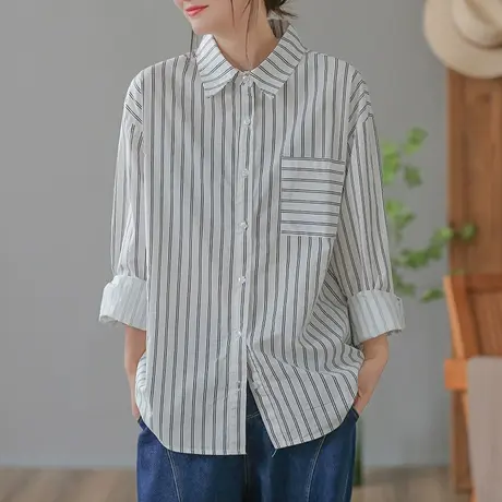 dza 复古纯棉竖条纹polo领衬衫女春秋宽松长袖上衣休闲百搭衬衣女图片