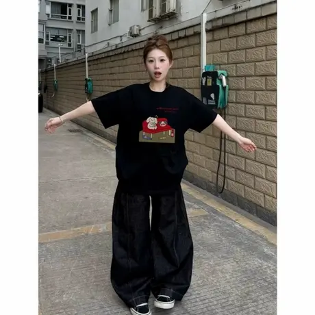 纯棉潮牌夏季高街短袖t恤女2025新款设计感小众宽松美式落肩上衣商品大图