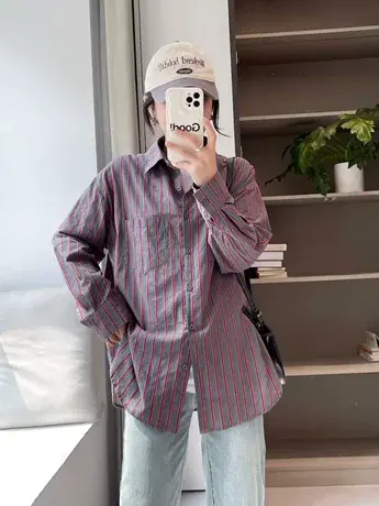 韩版简约通勤撞色条纹长袖衬衫2023秋季新款复古polo领衬衣女外套商品大图