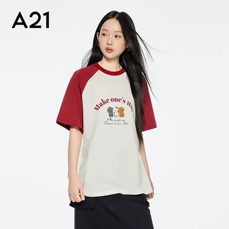 A21女装拼接撞色中长款棉T恤2025夏季新款简约设计感印花字母上衣商品大图