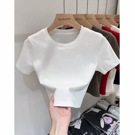 正肩修身短袖t恤女棉质设计感新款辣妹高腰短款上衣女小个子夏季商品大图