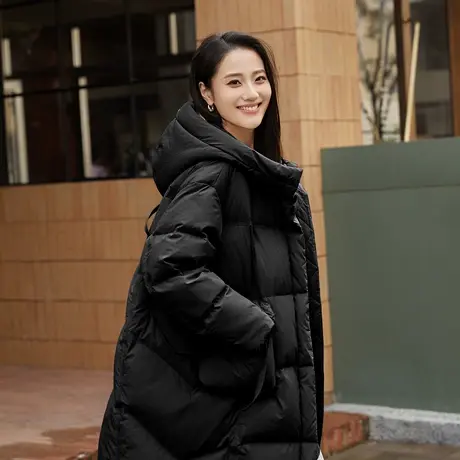 YAYA鸭鸭2025冬季新款女士加厚保暖休闲连帽宽松中长款羽绒服外套商品大图