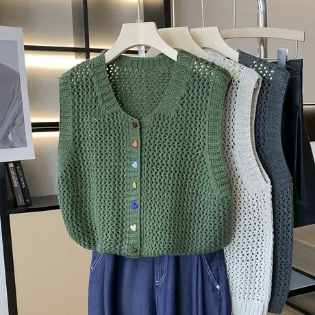 秋季新款宽松圆领镂空针织开衫马甲女叠穿短款坎肩外搭棉线背心潮商品大图