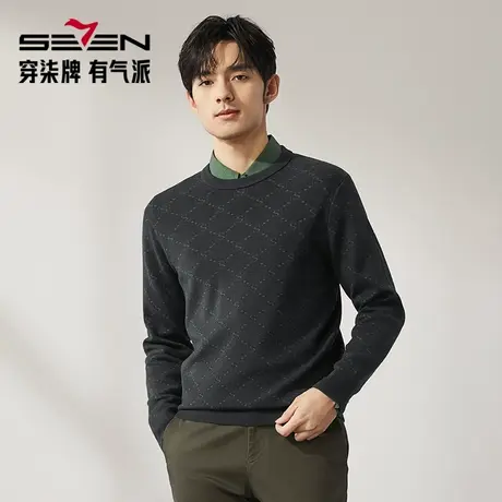 【抗静电】柒牌可机洗毛衣男秋冬新品时尚字母提花含羊毛圆领毛衫图片