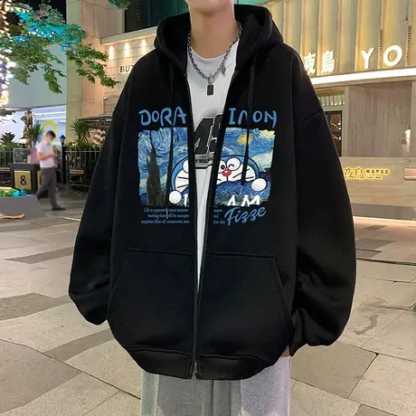 日系复古卡通动漫连帽卫衣男女oversize秋冬季情侣宽松bf夹克外套图片