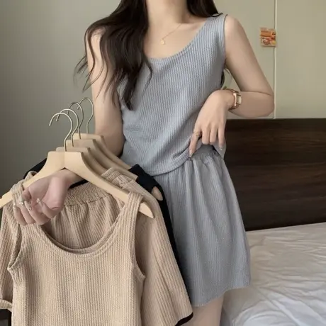 纯色简约背心上衣短裤两件套女夏季韩版修身百搭运动休闲时尚套装商品大图