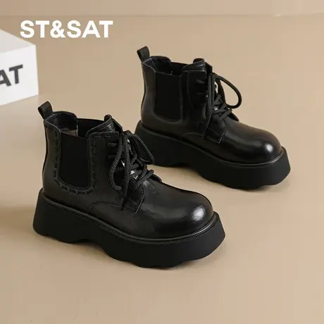 St&Sat/星期六厚底马丁靴女鞋秋冬英伦复古风短靴加绒保暖休闲鞋商品大图