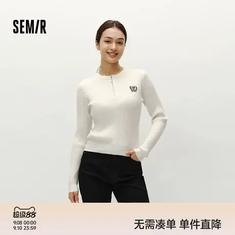 森马毛衣女冬季短款半开襟刺绣修身套头衫女生休闲简约风显瘦上衣商品大图