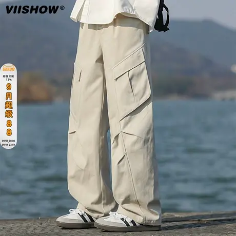 VIISHOW伞兵裤男褶皱工装裤男秋高街vibe宽松直筒阔腿休闲长裤子商品大图