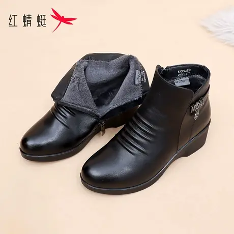 红蜻蜓女士棉鞋短靴冬季真皮加绒保暖舒适中老年妈妈软底轻便防滑图片