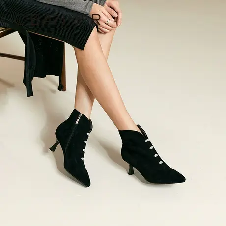 千百度羊皮细高跟时装靴女冬季新款复古钻扣踝靴洋气小短靴子图片