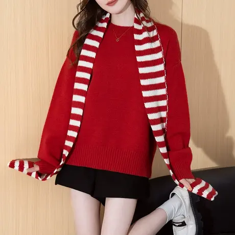 唐狮秋冬慵懒风氛围感条纹围巾套头女式针织衫时尚上衣女潮流TD图片