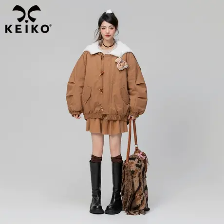 KEIKO 工装风棉服棉袄女夹棉冬季美拉德美式复古牛角扣饰连帽外套图片