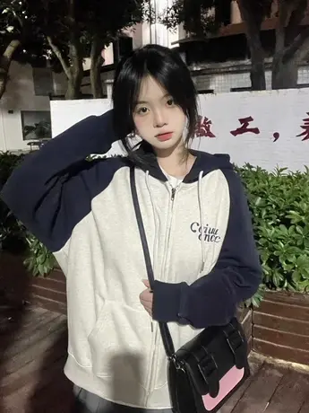 插肩袖卫衣女2023春秋薄款上衣oversize慵懒风小个子连帽开衫外套商品大图