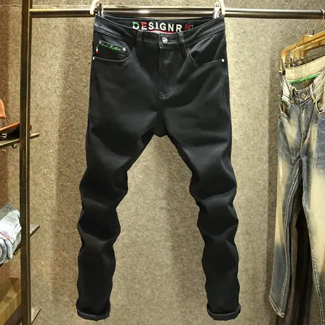 黑色秋冬款牛仔裤男高档刺绣弹力修身小脚裤男士百搭弹力长裤水洗商品大图