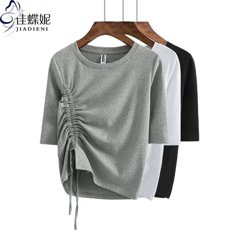 秋季新款圆领修身显瘦抽绳纯欲性感纯棉纯色中袖体恤上衣女打底衫商品大图