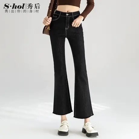 高端显瘦裤不易褪色高腰微喇叭牛仔裤女2023秋季新款潮毛边九分裤商品大图