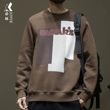 希越精梳棉重磅国风卫衣圆领男士春秋季宽松大码胖子无帽内搭打底商品大图