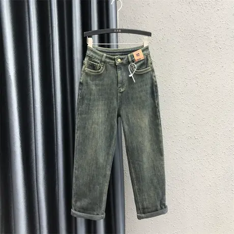 欧货老爹哈伦裤女2023秋冬新款个性贴布复古高腰百搭加绒牛仔长裤商品大图