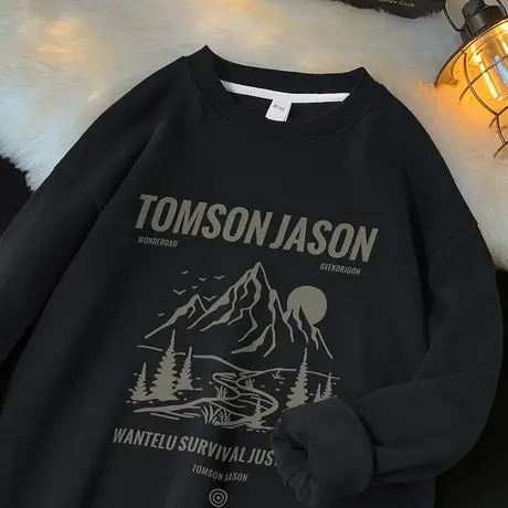 450g重磅黑色卫衣男2023新款加绒保暖圆领长袖t恤摇粒绒无帽上衣商品大图