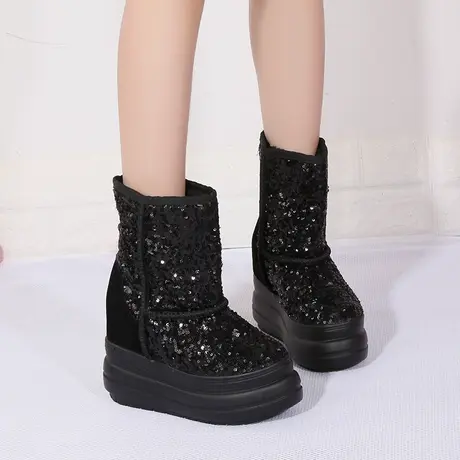 内增高雪地靴女冬季防水台短靴小个子坡跟加绒中筒靴厚底亮片棉鞋商品大图