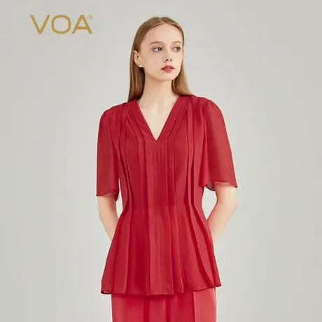 VOA桑蚕丝双层乔其纱大红V领立体褶皱隐形侧拉泡泡袖简约百搭T恤商品大图