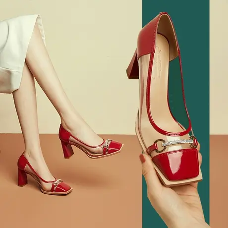 清仓舒适粗跟单鞋夏季款欧美风高跟透明亮皮方头百搭凉鞋女图片