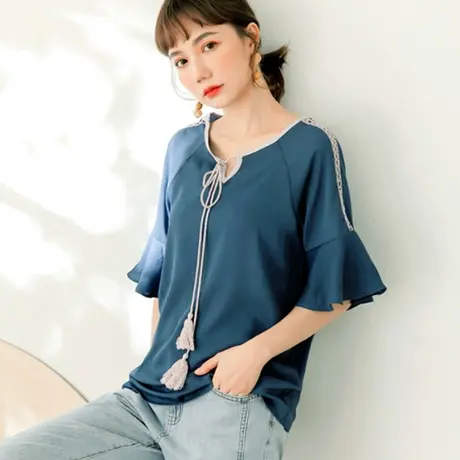 桔熊夏季宽松凉爽雪纺衫流苏系带领荷叶五分袖上衣女大码AB15820商品大图