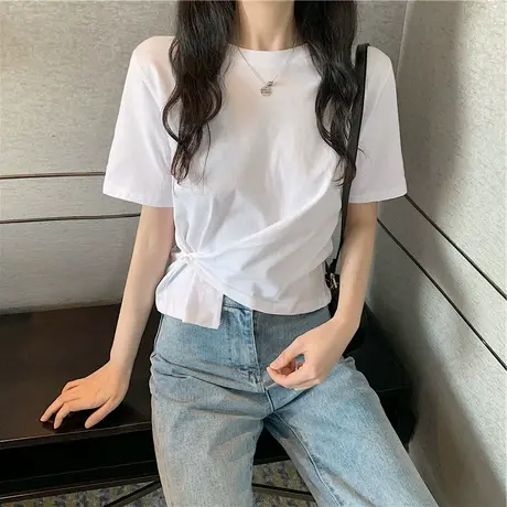 设计感小众不规则短袖T恤女夏季ins潮辣妹短款高腰别致正肩上衣服图片