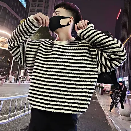 秋冬季宽松条纹毛衣男加厚长袖打底衫内搭2023新款男装痞帅针织衫商品大图