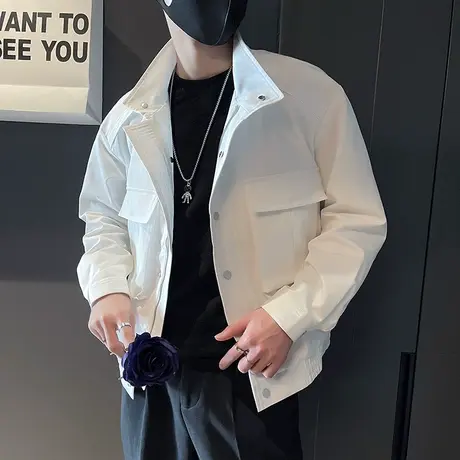 工装外套男高级感春季ins潮牌纯色韩版潮流春秋运动百搭口袋夹克商品大图
