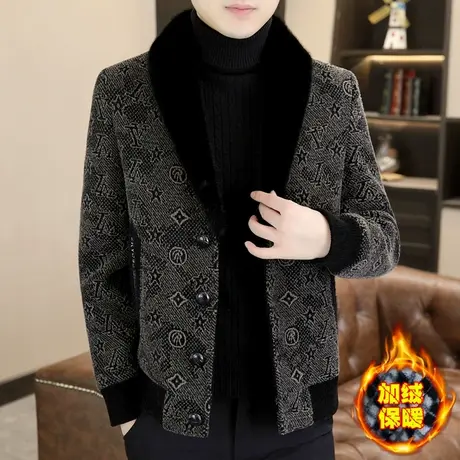 冬季外套男士加绒加厚貂绒夹克时尚高档男装保暖毛领呢子短款大衣商品大图