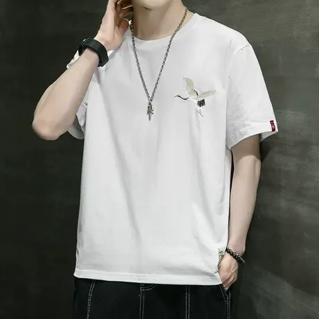 棉感短袖t恤男士2023夏季新款潮牌刺绣白色宽松体恤中国风打底衫图片