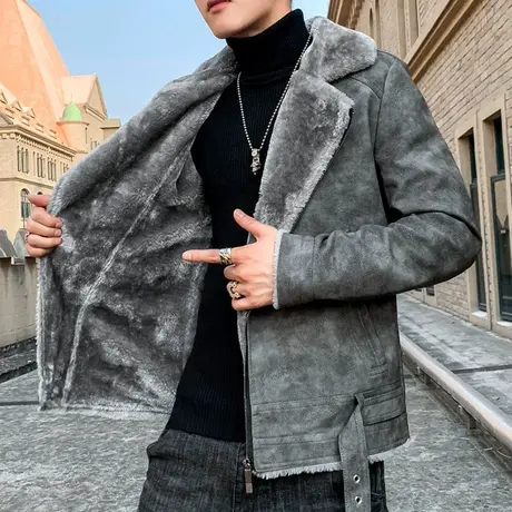 冬装加绒加厚皮毛一体韩版修身个性皮棉衣帅气保暖机车皮衣男外套商品大图