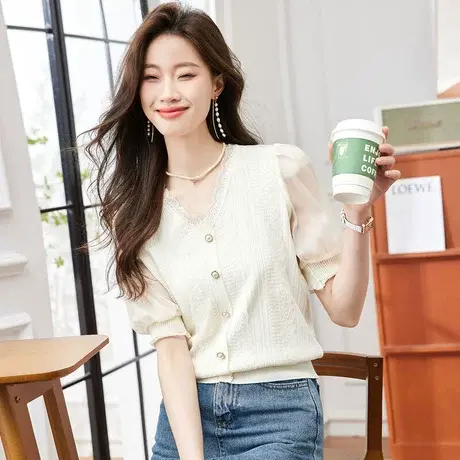 时尚气质甜美V领短袖针织衫2023年夏季新款淑女温柔显瘦通勤上衣商品大图