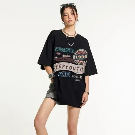 复古美式t恤女黑色夏季嘻哈潮牌oversize纯棉半袖体恤慵懒风上衣图片