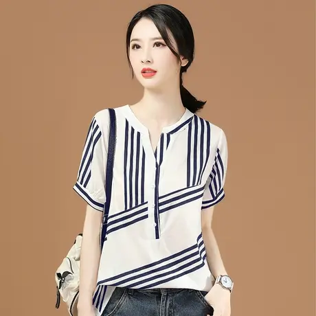 白色条纹短袖衬衣夏季薄款上衣2024年新款女士衬衫设计感小众轻熟商品大图
