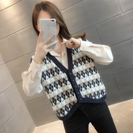 春款复古提花V领针织马甲女宽松韩版百搭叠穿菱格小毛衣背心外套图片