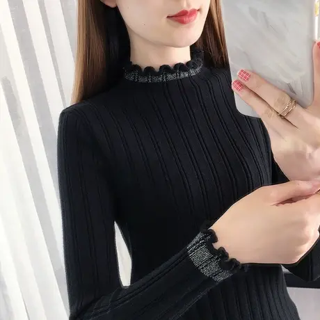黑色打底衫女2024新款洋气针织衫亮丝上衣修身紧身秋冬半高领毛衣商品大图