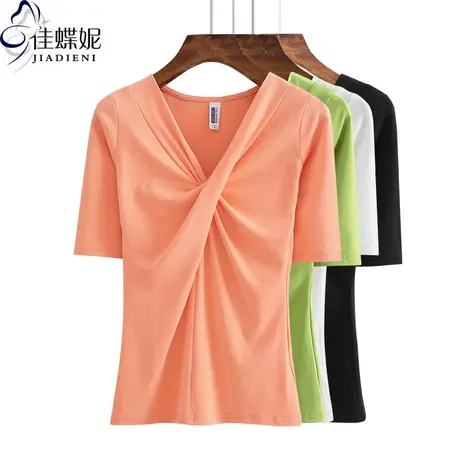 春秋新款韩版纯棉修身显瘦V领纯色中袖体恤上衣内搭女打底衫半袖商品大图