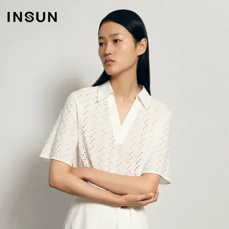 恩裳夏季镂空大V衬衣领修身雪纺衫商品大图