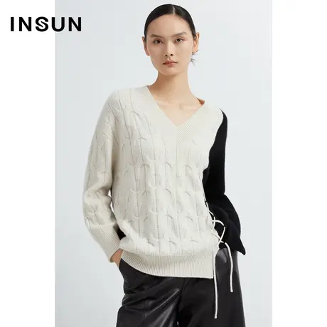 恩裳奥莱冬季撞色拼接个性空转绳点缀羊毛针织衫商品大图